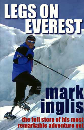 
Mark Inglis testing his legs on the ice cliffs next to Everest North ABC - Legs On Everest book cover

